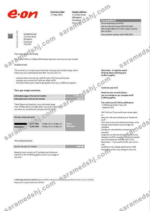 United Kingdom E.ON business utility bill template in Word and PDF formats, version 2